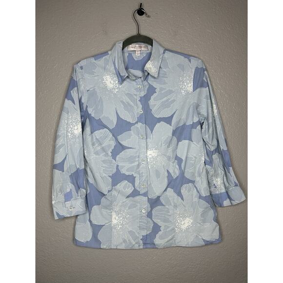 Carolina Herrera Tops - CAROLINA HERRERA Floral Print Three-Quarter Sleeve Blue Button Up Size 10